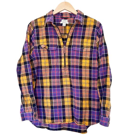 LL Bean Relaxed Fit Purple Yellow Plaid 1/4 Zip Flannel Sz M - Picture 1 of 3